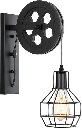 Vista 10 de 1 Luminaria Industrial de Mediados de Siglo Retro de Hierro para Pared con Polea Elevadora, Lámpara de Pared que Presenta Pantalla de Jaula