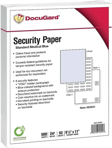 Vista 18 de DocuGard Papel de seguridad médica, peso de enlace de 24 libras, 8.5 x 11, azul, 500/resma (paquete de 2)