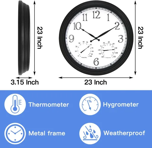 Vista 2 de BESTIME MT-33-2 Reloj de pared de metal tres en uno de 23 pulgadas con marco negro. Interior,Exterior,Termómetro,Higrómetro,Resistente a