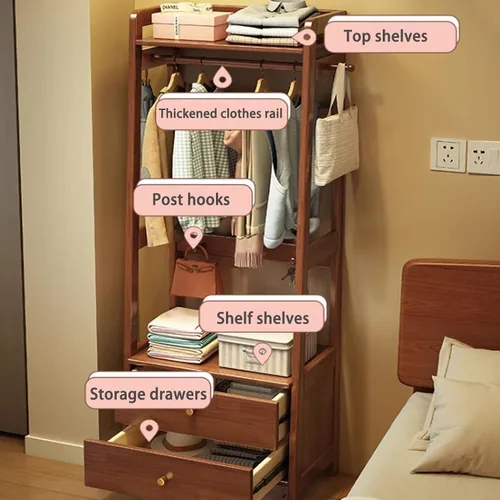 Vista 3 de Solid Wood Clothes Rack, Freestanding Clothing Rack, 5-in-1 Design Garment Rack, Large Capacity Coat Rack with Hooks and Storage Cabinet, Hall Tree