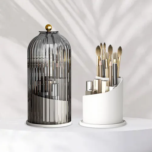 Vista 3 de Soporte para brochas de maquillaje con tapa, organizador de herramientas cosméticas de apertura deslizante giratoria de 360°, organizador de brochas