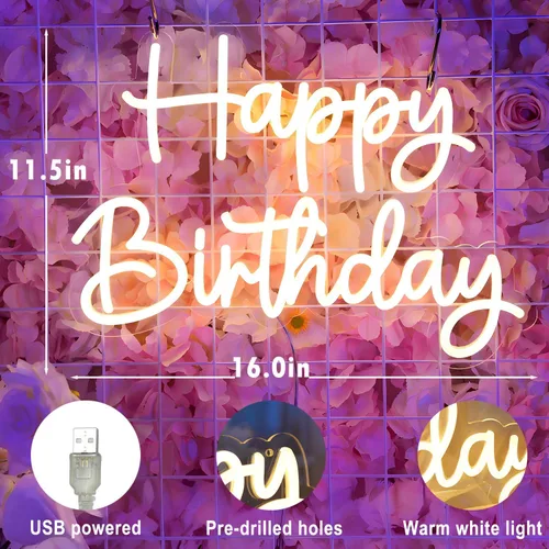 Vista 3 de Letrero de neón de feliz cumpleaños, letrero de luz LED de 16 x 11.5 pulgadas con 4 modos de iluminación y 5 niveles de brillo, alimentado por