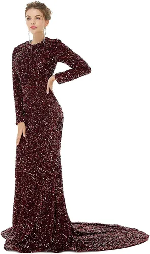 Vista 4 de Women's Long Sleeves Sequins Mermaid Evening Dress Formal Ball Gown Detachable Train