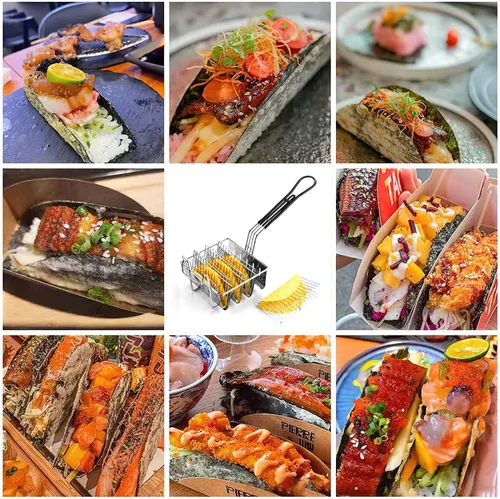 Vista 6 de Cesta para freidora de tacos de 4 carcasas, molde de acero inoxidable para freír, cesta de freidora con mango desmontable, herramienta profesional