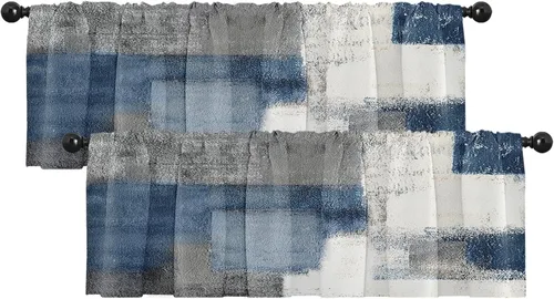 Vista 14 de Emvency Paquete de 2 cenefas para ventana, cortinas opacas de arte moderno abstracto azul, cortinas ajustables para ventanas, sala de estar, cocina