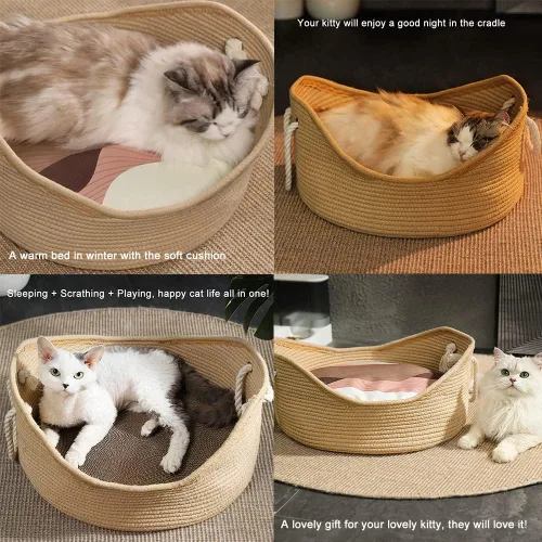 Vista 4 de Cama de algodón tejida para gatos con cuerda de algodón para perros pequeños y gatos, cesta de nido para dormir, hecha a mano, cuna natural