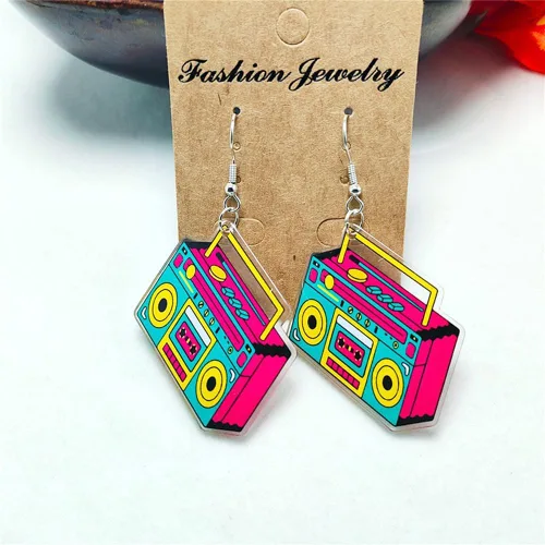 Vista 7 de Aretes de cinta retro de moda para fiesta de los años 80, para mujer, punk, retro, cassette, aplastamiento, colorido, colgante, fiesta, club