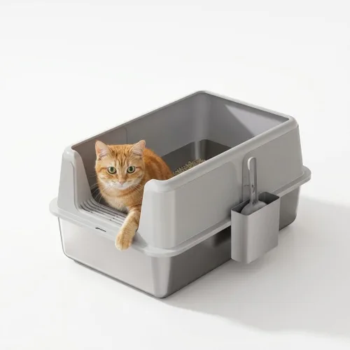 Vista 5 de Caja de arena para gatos de acero inoxidable, caja de arena de metal cerrada XL con tapa y filtro de arena lateral, diseño antiadherente antifugas