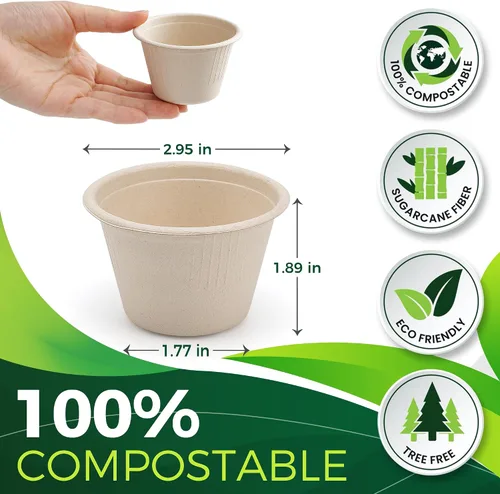 Vista 2 de 4 onzas Tazones de papel desechables [Paquete de 100], tazas de papel pequeñas/mini resistentes, perfectas para salsa para mojar, degustación