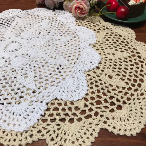Vista 5 de Damanni Mantel de encaje hecho a mano de algodón hecho a mano, redondo, beige, 12 pulgadas