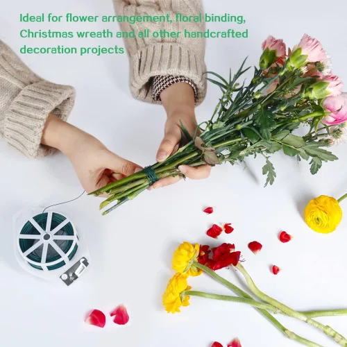 Vista 6 de Alambre floral, alambre flexible para manualidades de 110 yardas para corona, calibre 22, suministros de floristería verde con cortador integrado