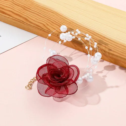 Vista 2 de Gargantilla de flor de rosa de camelia, collar de perlas artificiales vintage para mujer, accesorios elegantes para el cuello, collares de fiesta