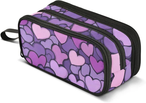 Vista 8 de Bolsas de lápiz grandes de nylon en forma de corazón púrpura de alta capacidad Estuche de lápices grande con cremallera Organizador de papelería