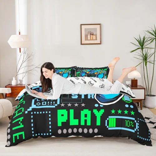 Vista 51 de Juego de funda de edredón con diseño de videojuegos para niños, tamaño individual, negro y azul a cuadros, juego de ropa de cama moderna