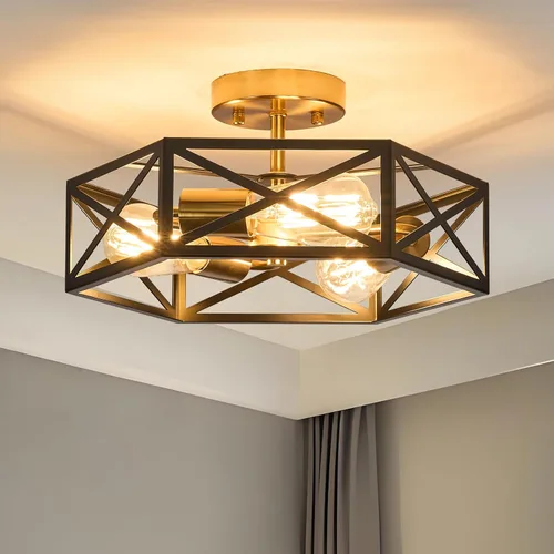 Vista 13 de Lámpara de Techo Moderna de Granja Negra y Dorada, Lámpara de Techo Industrial Semiempotrada, Accesorios de Iluminación Hexagonal para Pasillo