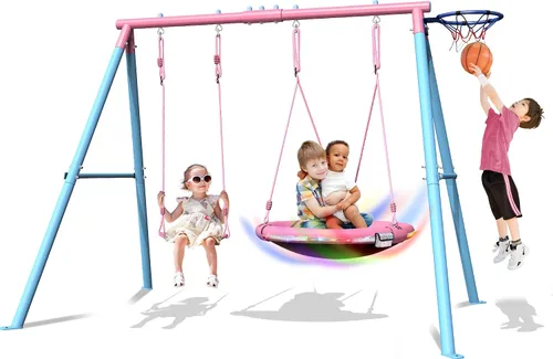 Vista 11 de Juego de columpios para niños 5 en 1 para patio trasero con trampolín, soporte de marco en A resistente de 880 libras, soporte de metal