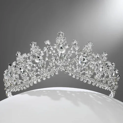 Vista 6 de SWEETV Corona de boda para novia, paquete de 3 aretes de tiara, juego de joyas para novia, fiesta de disfraces de cristal, cumpleaños, graduación