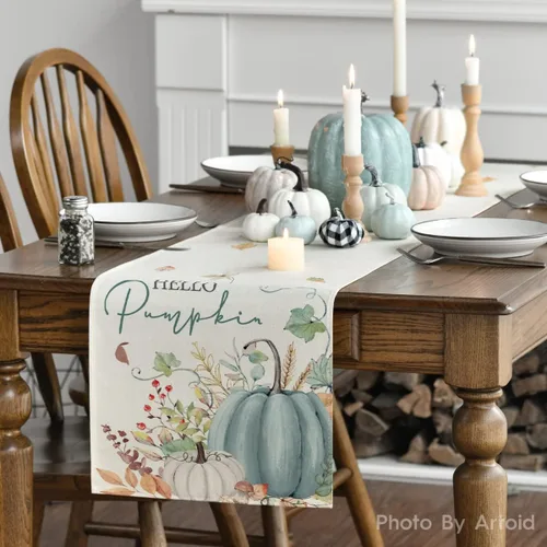Vista 3 de Artoid Mode Aqua Hello - Camino de mesa de otoño con hojas de calabaza, decoración de mesa de comedor de cocina de otoño de temporada
