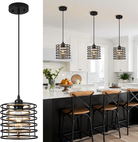 Vista 9 de Lámpara colgante, isla de cocina, lámparas colgantes de madera, granja, metal, iluminación colgante para comedor, dormitorio, bar, oficina, negro 1