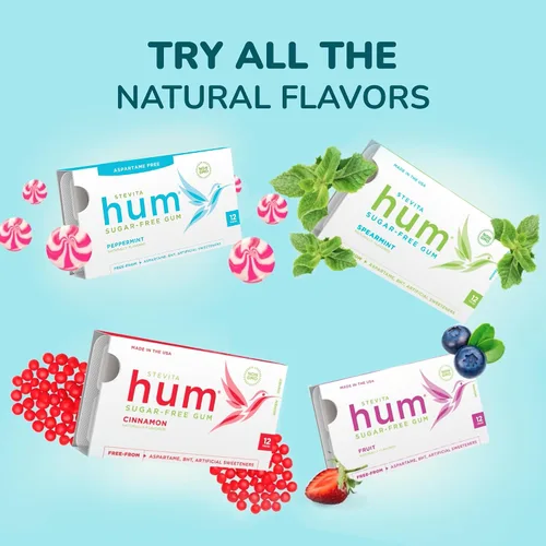 Vista 7 de Stevita Hum, Bubblegum - Goma de mascar sin azúcar - 12 piezas, paquete de 12 - Apoya la salud oral - Sin OMG, vegetariano, keto, sin gluten - 72