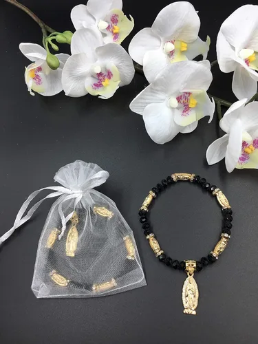 Vista 2 de Pulsera de Rosario de Guadalupe de Cristal Negro con Bolsas de Organza, 12 Uds., Bautizo, Recuerdos de Bautizo/Quinceañera/Baby Shower