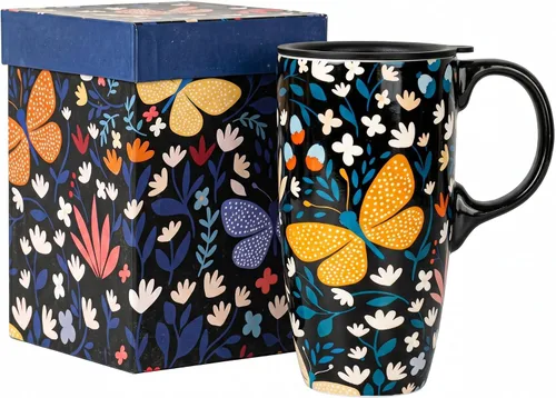 Vista 8 de Topadorn Tazas de cerámica de porcelana, taza de café con tapa y asa, taza de café, taza de té de café con tapa y asa, taza de café, 17 oz. Abstracto