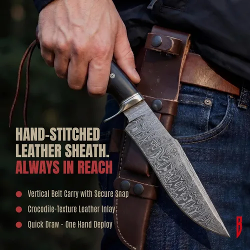 Vista 6 de BIGCAT ROAR Leopard Hunter - Cuchillo de caza hecho a mano de acero de Damasco de hoja fija de 12 pulgadas - Mango de madera de nogal y funda