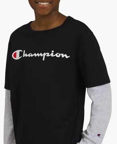 Vista 3 de Champion Camiseta Heritage para hombre, con texto en el pecho izquierdo