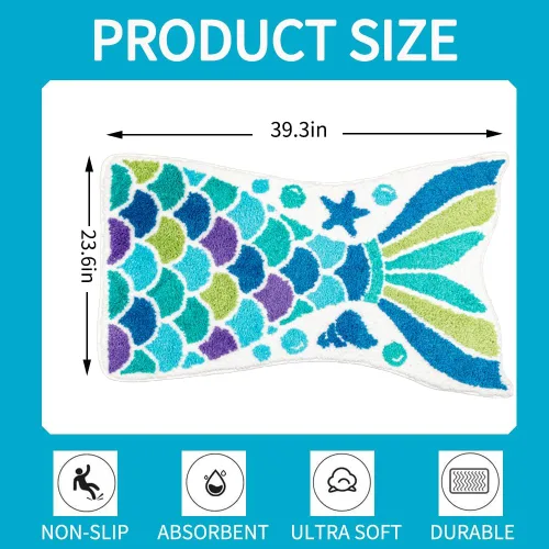Vista 2 de Bonita alfombra de baño de sirena, divertida alfombra de baño con forma de cola de pez océano azul, escamas de sirena, para baño, antideslizante
