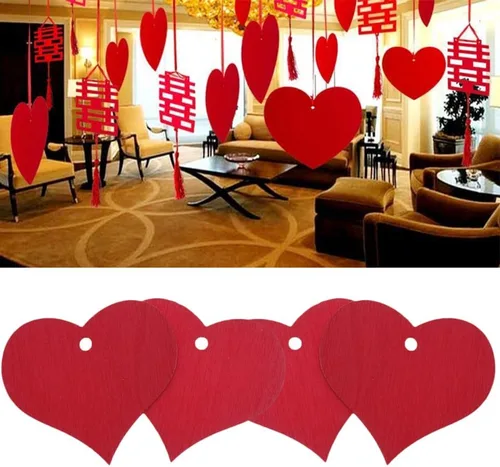 Vista 3 de 100 piezas de corazones de madera roja decorativos en forma de corazón con agujero para colgar para manualidades de bricolaje para decoración