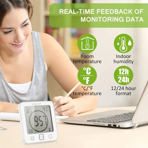 Vista 2 de Temporizador de ducha digital con pantalla táctil impermeable, pantalla de temperatura y humedad, reloj de baño con ventosas y agujero para colgar