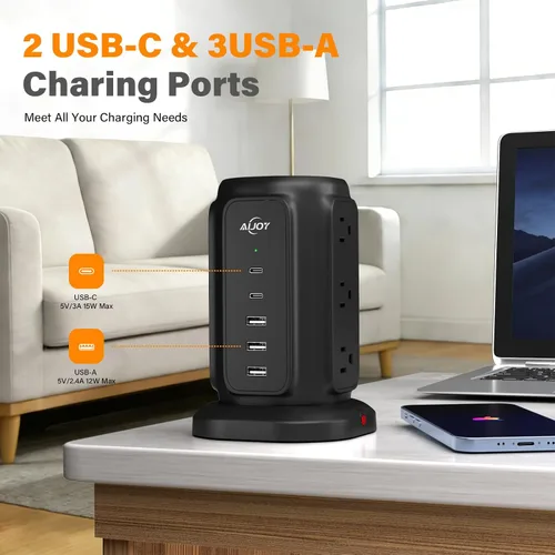 Vista 3 de AiJoy Power Strip Tower con 9 salidas de CA y estación de carga de 5 puertos USB 1200J Surge Protector, 6.5 Feet Extension Cord with Multiple