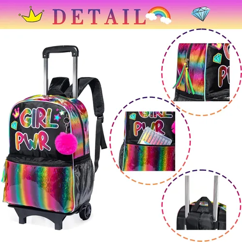 Vista 5 de Mochila con ruedas para niñas, mochila escolar con ruedas, bolsa escolar con bolsa de almuerzo y bolsa para lápices, mochila con ruedas para niños