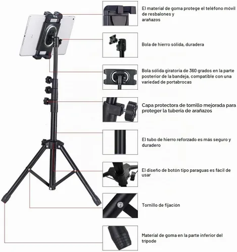 Vista 2 de Trípode para tableta para iPad Pro soporte de piso trípode para Surface Pro Samsung Tab S9+ soporte con control remoto giratorio de 360° ajustable