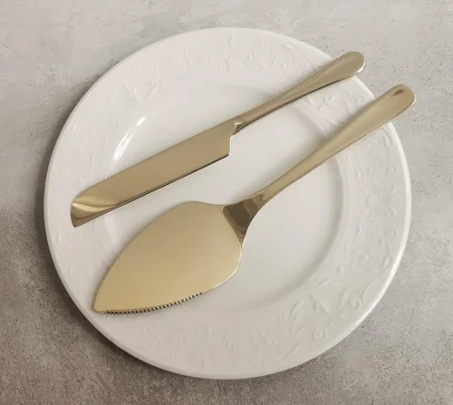 Vista 2 de Solid Wedding Cake Cutting Ceremony Gift, Colored Pie Pastry Serving Set, Luxury Shine Stainless Steel Knife Server Kit, Anniversary, Birthday