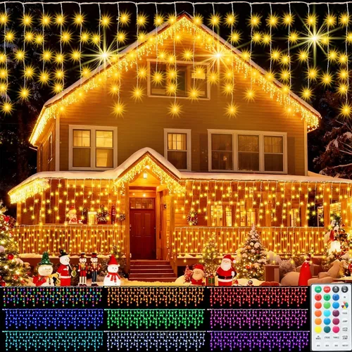 Vista 8 de Luces de carámbano de Navidad para decoración al aire libre, 8 modos, 300 luces LED conectables de 30 pies, 60 gotas para aleros, ventana, hogar