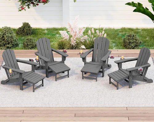 Vista 15 de KINGYES Silla Adirondack plegable ajustable con otomana y 2 portavasos, silla reclinable Adirondack HDPE con reposapiés, Aruba