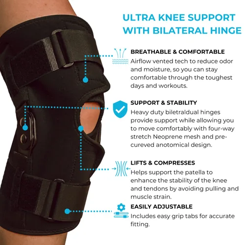 Vista 4 de Comfyorthopedic Rodillera Envolvente con Bisagras Ajustable Talla Grande Soporte de Rodilla con Estabilizadores Metálicos Laterales Removibles