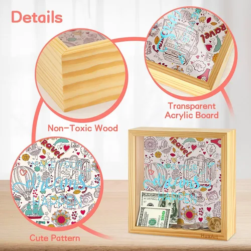 Vista 3 de Alcancía para niños, caja de madera más grande y segura para niños, caja de dinero de madera natural, impresa en la parte delantera de plexiglás