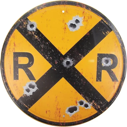 Vista 8 de Framendino, 12 pulgadas ferrocarril cruce estaño signo metal tráfico pared decoración ferroviario camino redondo símbolo