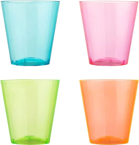 Vista 6 de Zappy 124 vasos de chupito de plástico neón, 1 oz, varios colores neón, desechables y reutilizables, sin BPA, perfectos para bodas, reuniones