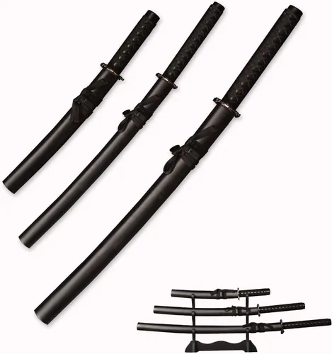 Vista 8 de Set de 3 espadas japonesas de Samurai con soporte de exhibición, Katana de Iaido con hoja de acero al carbono, espada real para exhibición