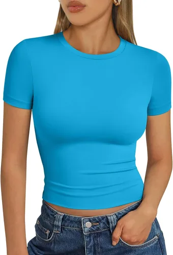 Vista 35 de Trendy Queen - Camisetas básicas para mujer, camisetas de verano 2025, de manga corta, ajustadas, para gimnasio, entrenamiento, ropa estilo Y2K