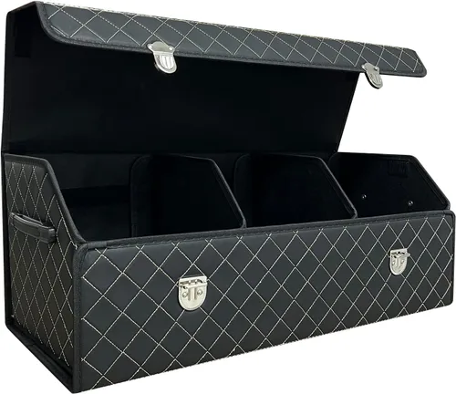 Vista 13 de Organizador de maletero Wuatow para coche, organizador de maletero para SUV y sedán, con tapa, multifuncional, caja de almacenamiento de carga Negro