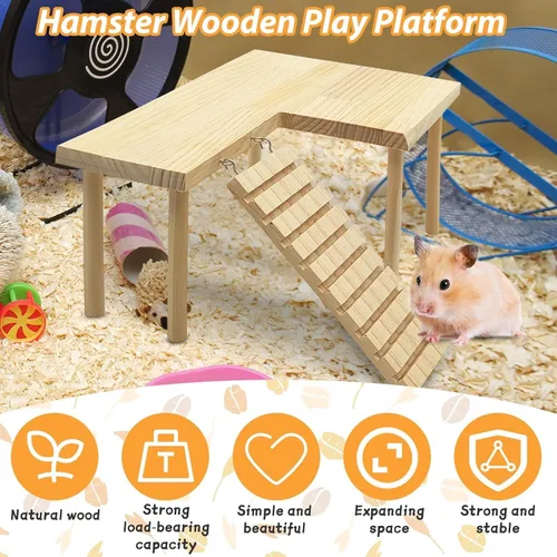 Vista 5 de kathson Plataforma de hámster de madera con patas, plataforma natural de pie para animales pequeños, escalera para escalar, jaula de conejillo
