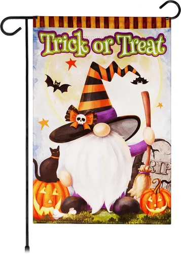 Vista 9 de G128 - Bandera de jardín de Halloween, cita de truco o trato con bonito búho, decoraciones de jardín y patio, bandera rústica de temporada para 12 x