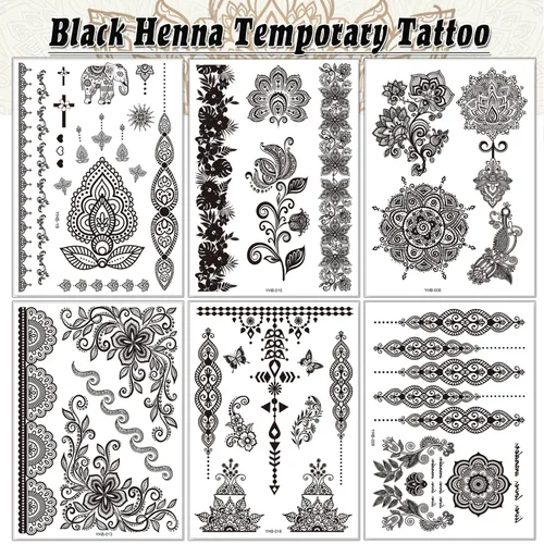 Vista 2 de 6 hojas de tatuajes temporales de henna negra para mujeres y niñas, calcomanías de tatuaje falsas de encaje, misterioso, sexy, mandala, flor, diseño