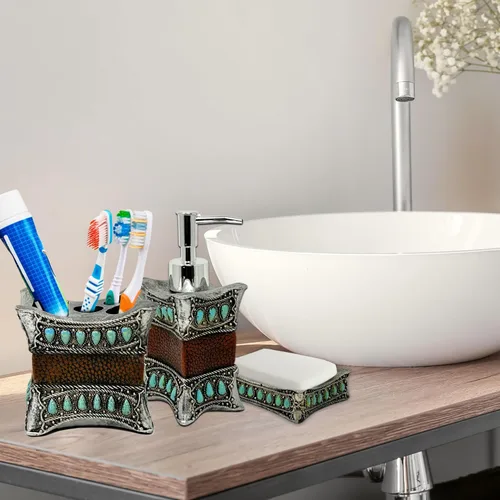 Vista 9 de Juego de baño rústico de 3 piezas, kit de decoración de piel sintética y resina turquesa