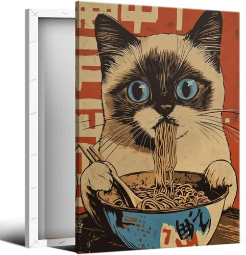 Vista 10 de Arte de pared vintage de gato japonés en lona, póster de gato negro peculiar comiendo ramen, impresión de arte retro de animales divertidos