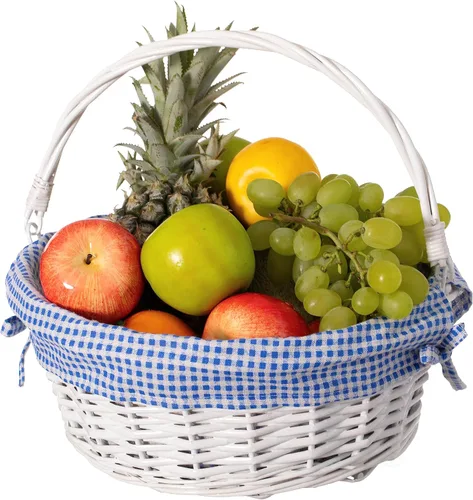 Vista 15 de WICKERWISE Cesta de regalo tradicional de sauce redondo blanco con forro a cuadros y asas resistentes, cesta de almacenamiento de aperitivos